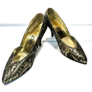 ELIOT Women's Classic Pointed Toe Pumps Gold & Black Tapestry Pattern Size 7